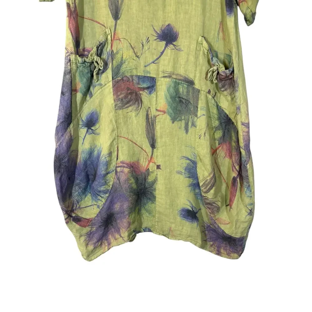 Green 100% Italian Linen Watercolor Floral Lagenlook Hobo Grunch Dress 0S Bubble